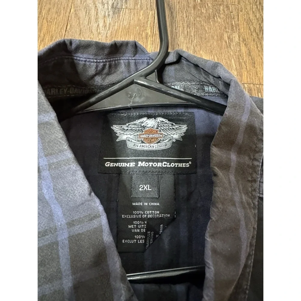 Harley Davidson Mens 2XL Blue Black Plaid Short Sleeve Button Up Shirt Biker - Picture 4 of 6